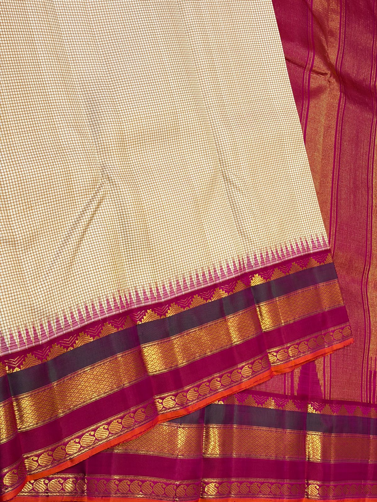 Soft Silver Grey with Magenta Pink and Orange Border Pure Kanchipuram Handloom Bridal Silk Saree